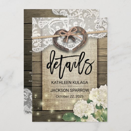 Gegevens over het hoefijzer-hart-land-bruiloft informatiekaartje (Voorkant / Achterkant)