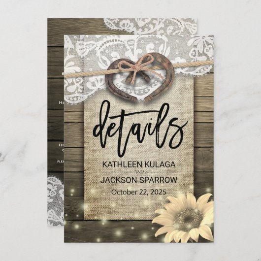 Gegevens over het hoefijzer-hart-land-bruiloft informatiekaartje (Voorkant / Achterkant)