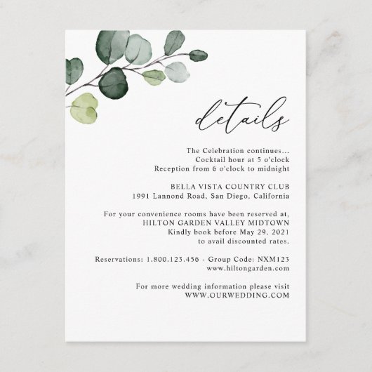 Gegevens over het huwelijk met Elegant Eucalyptus  Informatiekaartje (Voorkant)