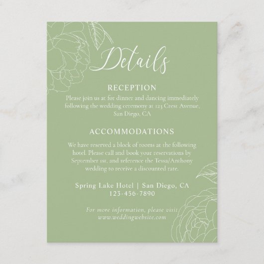 Gegevens over het huwelijk met Elegant Sage Green  Informatiekaartje (Voorkant)