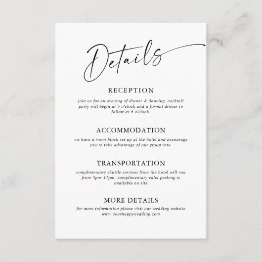 Gegevens over het legante minimalistische weddensc informatiekaartje (Voorkant)