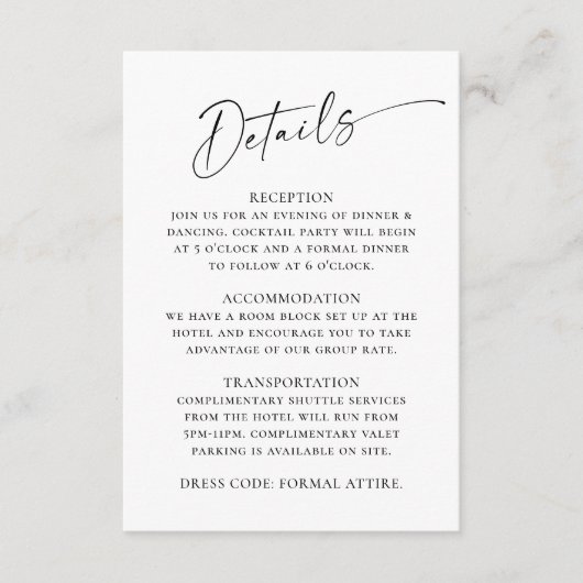 Gegevens over het legante minimalistische weddensc informatiekaartje (Voorkant)