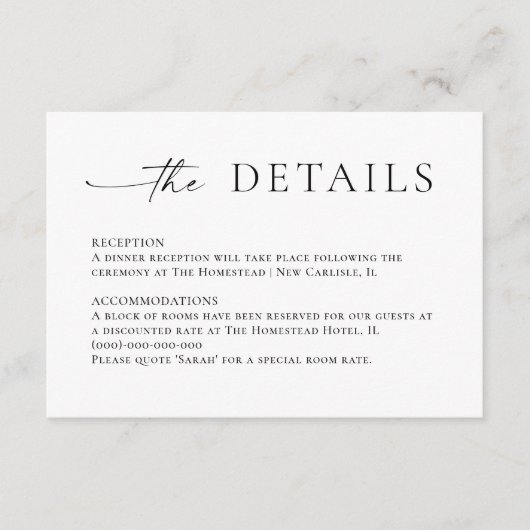 Gegevens over het legante minimalistische weddensc informatiekaartje (Voorkant)