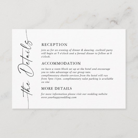 Gegevens over het legante minimalistische weddensc informatiekaartje (Voorkant)