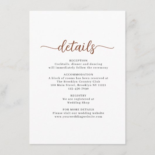 Gegevens over het moderne script Terracotta Weddin Informatiekaartje (Voorkant)