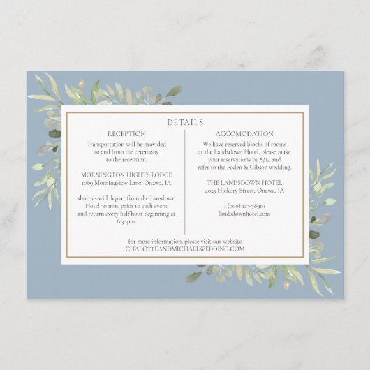 Gegevens over het mosterdblauwe groene huwelijk informatiekaartje (Voorkant)