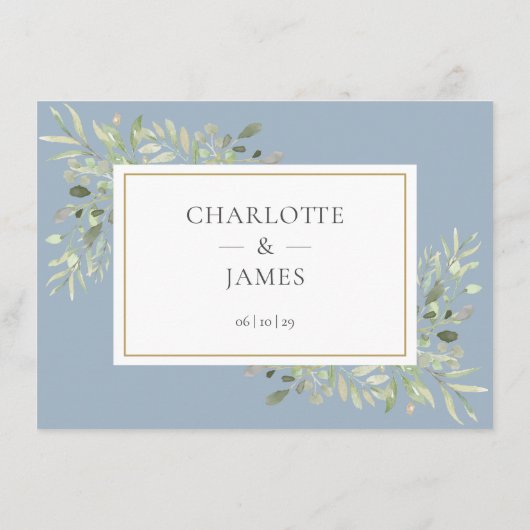 Gegevens over het mosterdblauwe groene huwelijk informatiekaartje (Achterkant)