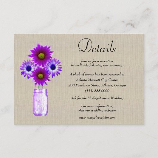 Gegevens over het Paarse huwelijk van Burlap Mason Informatiekaartje (Voorkant)