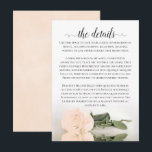 Gegevens over het predicaat Romantic Roos Informatiekaartje<br><div class="desc">Deze mooie trouwbijsluitkaart is ontworpen om u extra ruimte te bieden voor alle informatie die uw gasten nodig hebben, zoals website, register, ontvangst, reizen, accommodaties of andere details. De kaart biedt een prachtig ontwerp met één reflecterend ivoren perzikkleurig roos en een alfabetische scripttitel voor de calligrafie die "de details" leest....</div>