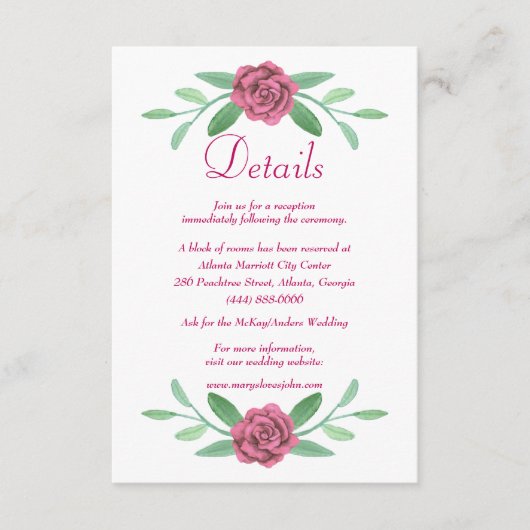 Gegevens over het roze Floral Greenery Foliage Wed Informatiekaartje (Voorkant)