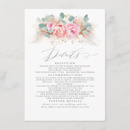 Gegevens over het roze Floral Pampas Grass Wedding Informatiekaartje (Voorkant)