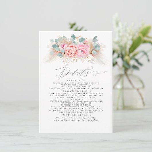 Gegevens over het roze Floral Pampas Grass Wedding Informatiekaartje (Staand voorkant)