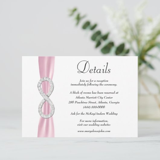 Gegevens over het roze ribbon Diamond Infinity Wed Informatiekaartje (Staand voorkant)