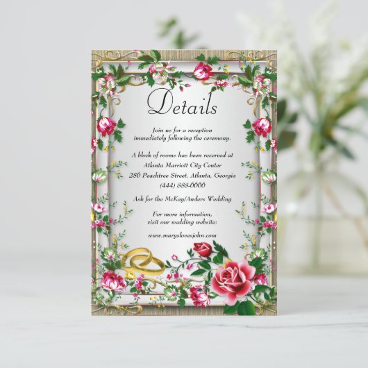 Gegevens over het Rustic Rustic Roses Wedding Informatiekaartje (Staand voorkant)