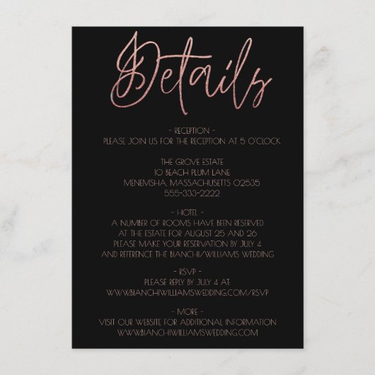 Gegevens over het zwarte en Roos Gold Glitter Wedd Informatiekaartje (Voorkant)