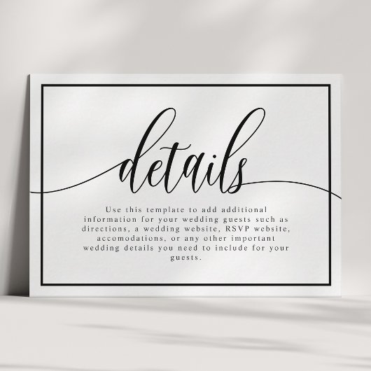 Gegevens over het zwarte en witte kalligrafiescrip informatiekaartje