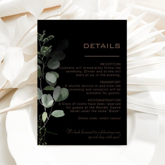 Gegevens over het zwarte formele minimale eucalypt informatiekaartje