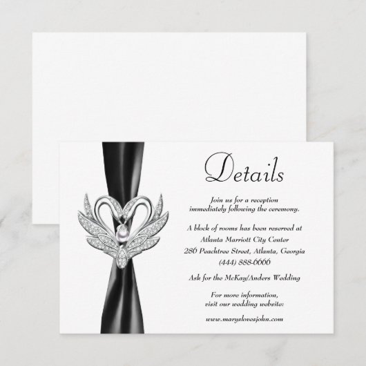 Gegevens over het zwarte ribbon Silver Swans Wedde Informatiekaartje (Voorkant / Achterkant)