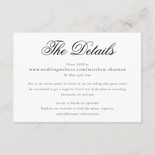 Gegevens over het zwarte witbruiloft in Elegant Sc Informatiekaartje (Voorkant)