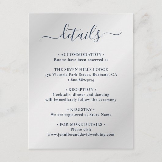 Gegevens over legante marineblauw en zilveren brui informatiekaartje (Voorkant)