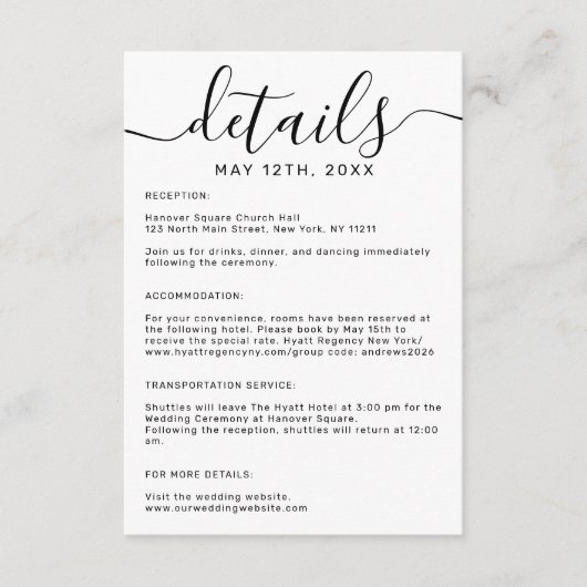 Gegevens over minimale witte monogram bruisende le informatiekaartje (Voorkant)