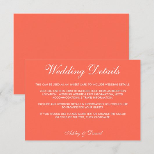 Gegevens over modern legant koraal en wit huwelijk kaart (Voorkant / Achterkant)