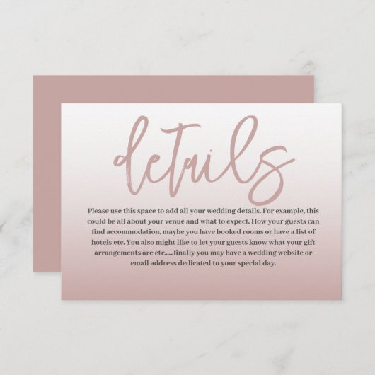 Gegevens over modern Roos Gold & Calligrafie-huwel Informatiekaartje (Voorkant / Achterkant)