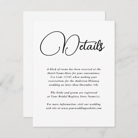 Gegevens over moderne eenvoud bruiloft informatiekaartje (Voorkant / Achterkant)