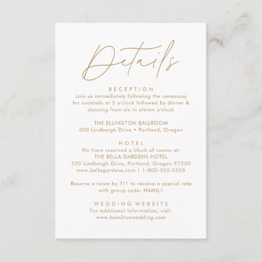 Gegevens over moderne Gold Script Wedding Informatiekaartje (Voorkant)