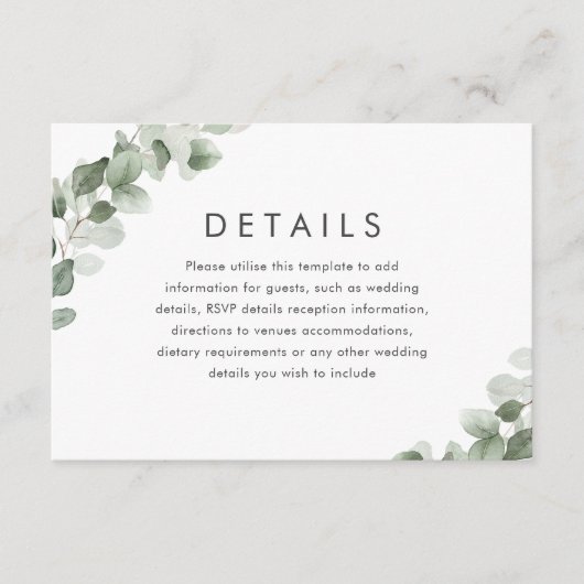 Gegevens over moderne groene lef-bruiloft informatiekaartje (Voorkant)
