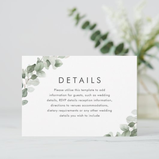Gegevens over moderne groene lef-bruiloft informatiekaartje (Staand voorkant)