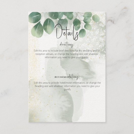 Gegevens over moderne Sage Green Eucalyptus & Gold Informatiekaartje (Voorkant)