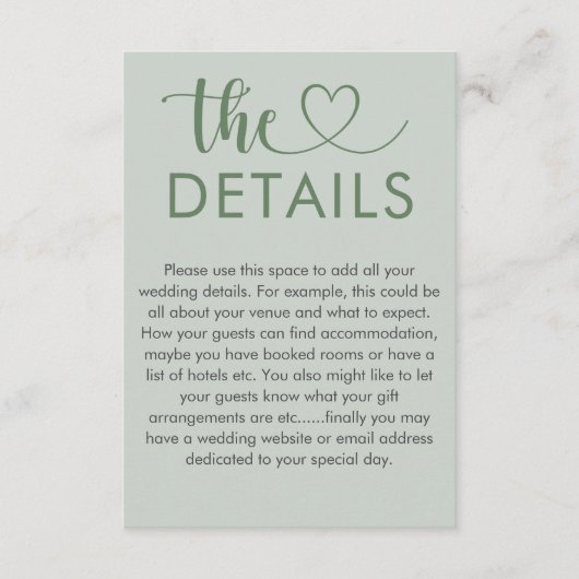 Gegevens over moderne Sage Green Heart Wedding Informatiekaartje (Voorkant)