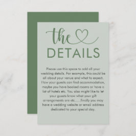 Gegevens over moderne Sage Green Heart Wedding Informatiekaartje