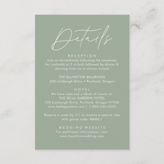 Gegevens over moderne Script Sage Green Wedding Informatiekaartje (Voorkant)
