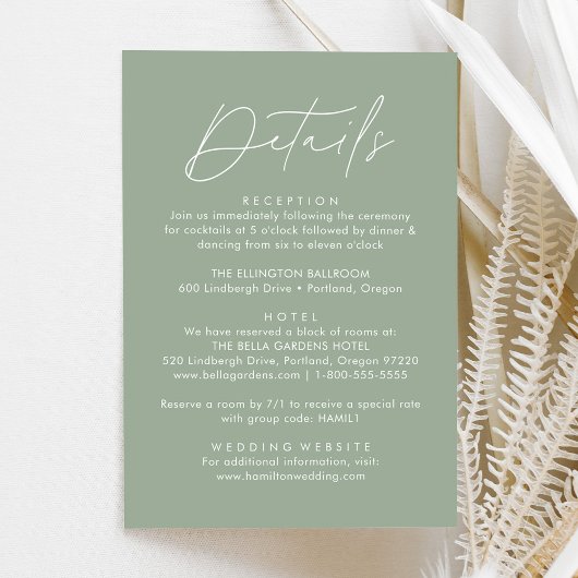 Gegevens over moderne Script Sage Green Wedding Informatiekaartje
