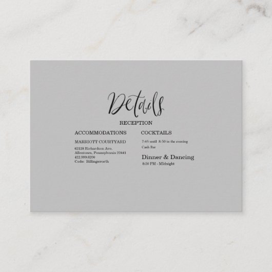 Gegevens over moderne zwarte en grijze bruiloft informatiekaartje (Voorkant)