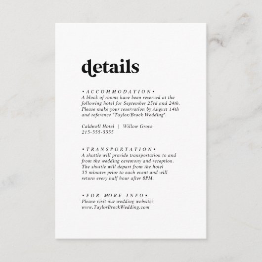 Gegevens over moderne zwarte Typografie-bruiloft Informatiekaartje (Voorkant)