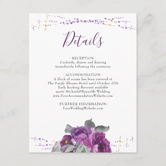 Gegevens over Paarse Floral en Confetti bruiloft Informatiekaartje (Voorkant)