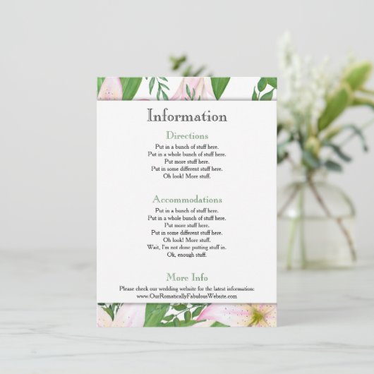 Gegevens over pink Lily Floral Wedding Informatiekaartje (Staand voorkant)