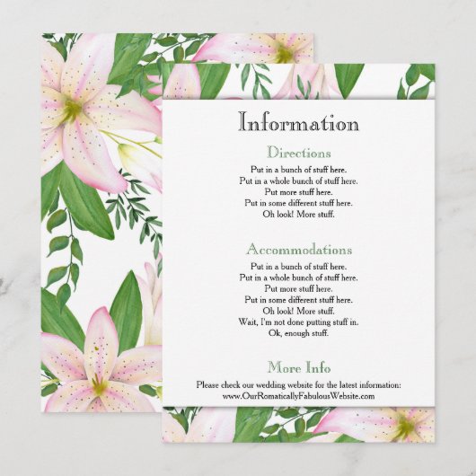 Gegevens over pink Lily Floral Wedding Informatiekaartje (Voorkant / Achterkant)