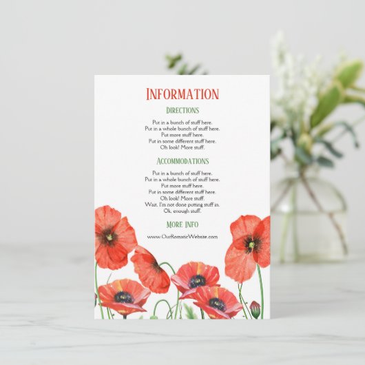 Gegevens over poppies Floral Wedding Informatiekaartje (Staand voorkant)