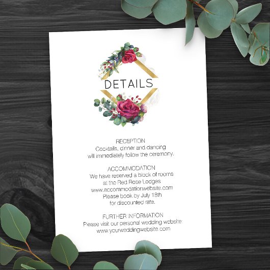 Gegevens over rode rozen en eucaluptus Wedding Informatiekaartje