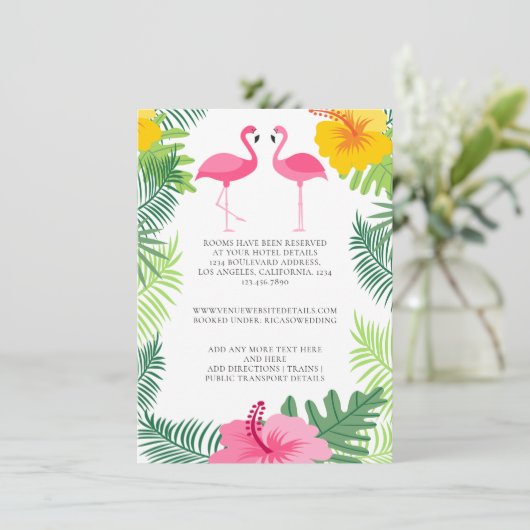 Gegevens over Tropisch roze flamingo Wedding Informatiekaartje (Staand voorkant)