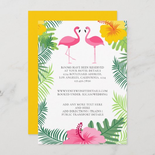 Gegevens over Tropisch roze flamingo Wedding Informatiekaartje (Voorkant / Achterkant)