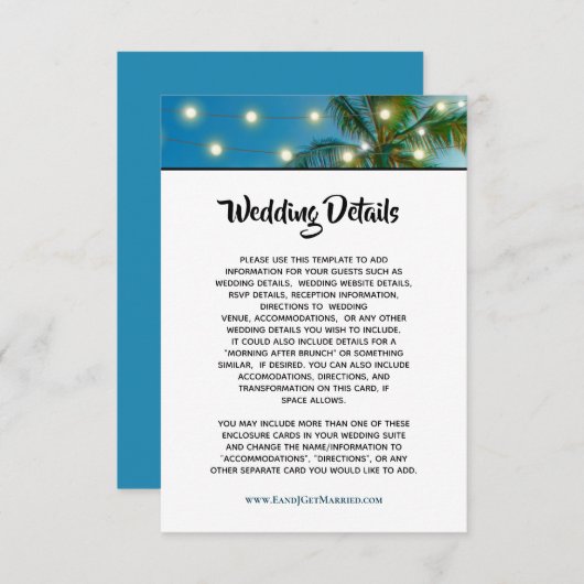Gegevens over Tropisch strandpalm straten bruiloft Informatiekaartje (Voorkant / Achterkant)