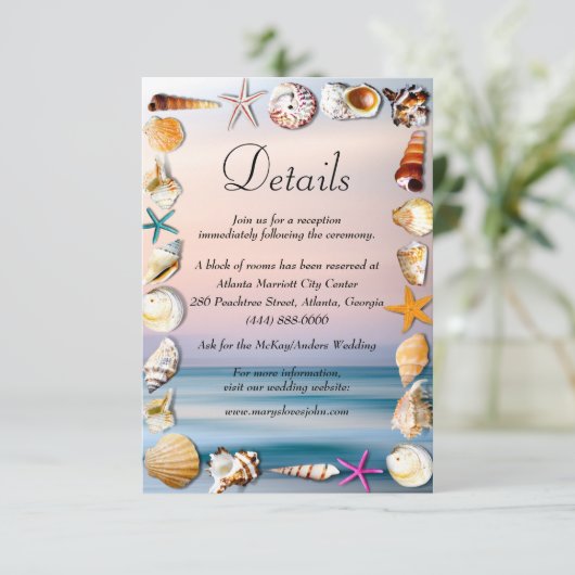 Gegevens over tropisch zandstrand en zeeshells bru informatiekaartje (Staand voorkant)