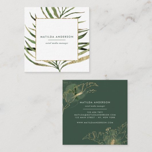 Gegevens over waterverf botanische loof en goud vierkante visitekaartje (Voorkant / Achterkant)