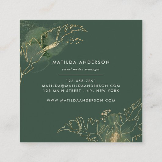 Gegevens over waterverf botanische loof en goud vierkante visitekaartje (Achterkant)