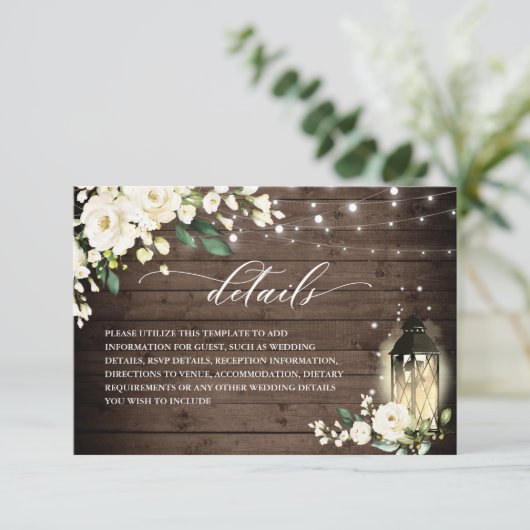 Gegevens over witte rozen Rustic Wood Lantern Wedd Informatiekaartje (Staand voorkant)